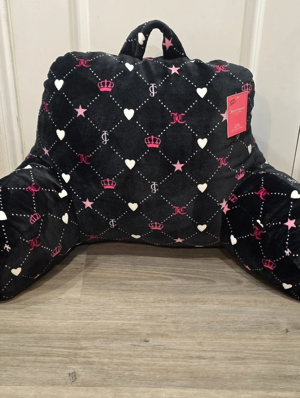 Juicy Couture Home JC Logo Crowns & Hearts Plush Bed Rest Pillow w/Cell Holder